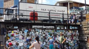 Lighting truck parked above another iconic Cardiff landmark, Ianto's shrine.